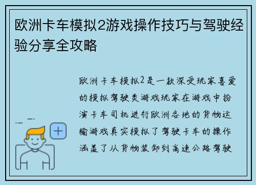 欧洲卡车模拟2游戏操作技巧与驾驶经验分享全攻略